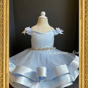 Girl natural blue pageant holiday dress/ girls blue birthday dress/ blue couture dress/ aurora inspired dress/ blue flower girl dress.
