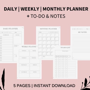 Daily, Weekly, Monthly, To-Do Checklist Planner Insert Pages + Notes- Instant Download, Printable PDF