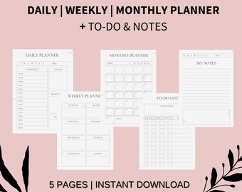 Planificador diario, semanal, mensual y de lista de tareas pendientes Insertar páginas + notas: descarga instantánea, PDF imprimible