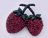 WEISS Double Strawberry Red Rhinestone Brooch, WEIsS Fruit Brooch, Collectible WEIsS Brooch, WEIsS Jewelry