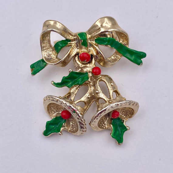 Christmas Holly Berry Enamel Brooch, Red and Gree… - image 1