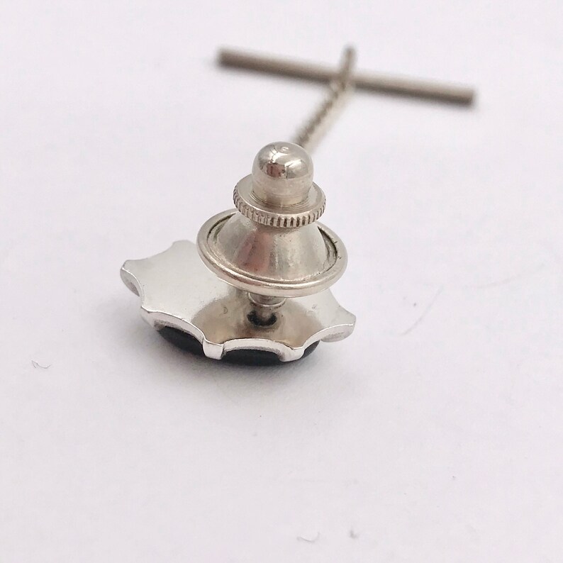 Vintage Black Oval Acrylic Silver Tone Chain Mens Tie Tack Pin