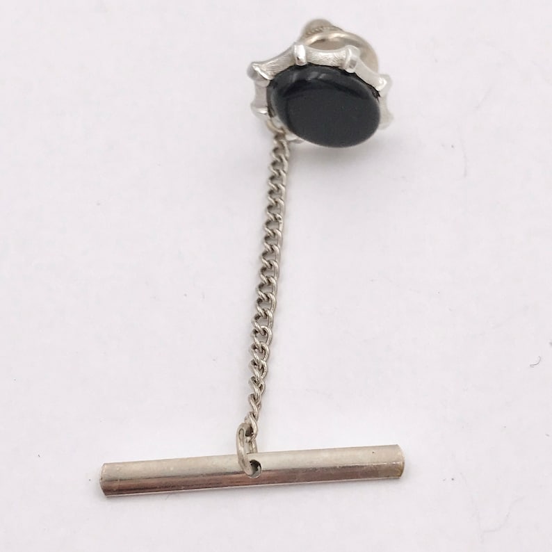 Vintage Black Oval Acrylic Silver Tone Chain Mens Tie Tack Pin