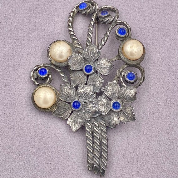 1940s Vintage Pewter Flower Bouquet Blue Cabochon