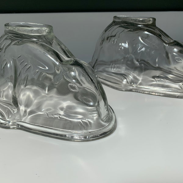 Two Bagley Clear Glass Press Moulded Rabbit Jelly Moulds