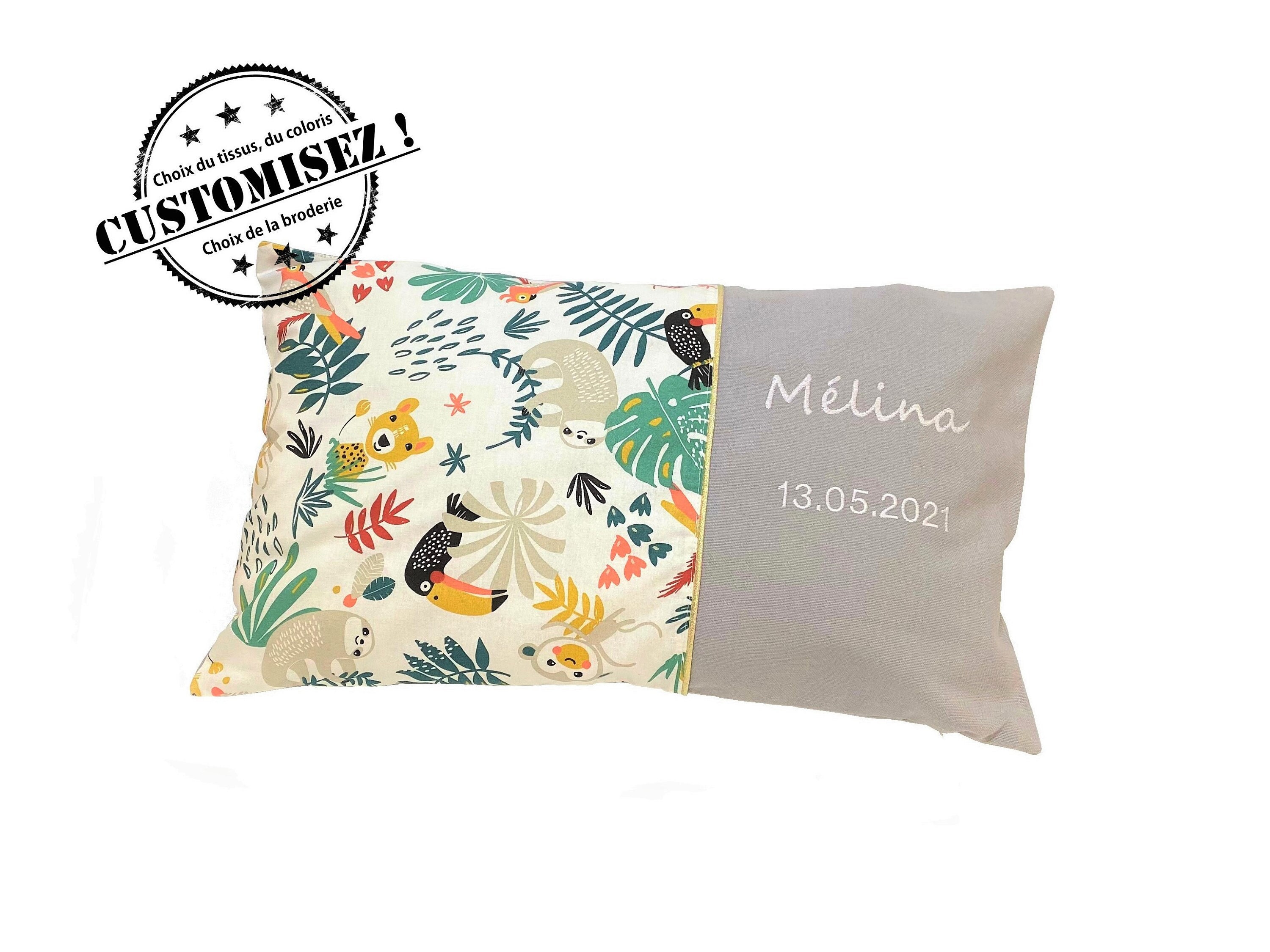 Housse de Coussin Bébé Enfant et Ado Personnalisable & Brodé en Coton Épais Prénom + Liseré