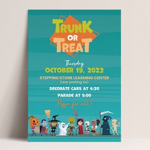 Op de afbeelding: Een turquoise poster die een Halloween "Trunk or Treat" evenement aankondigt. De poster bevat oranje en groene tekst, inclusief de datum: donderdag 19 oktober 2023. Het toont ook stripfiguren in kostuums en vermeldt versierde auto's, een parade en pizza.