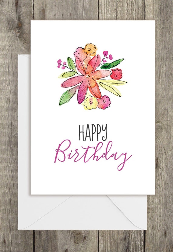 Watercolor Flowers Birthday Card Single Card Blank Inside | Etsy