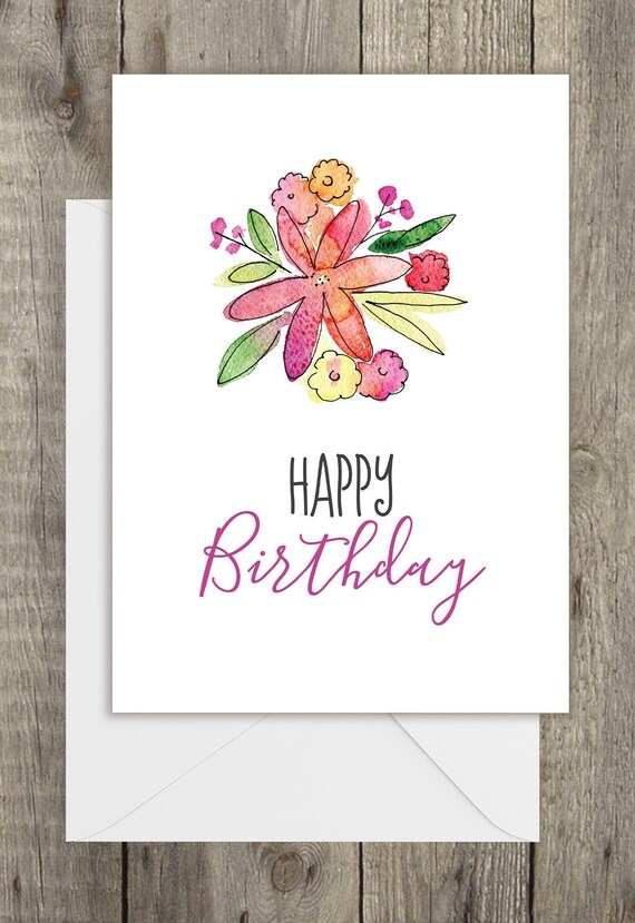 Watercolor Flowers Birthday Card Single Card Blank Inside Etsy