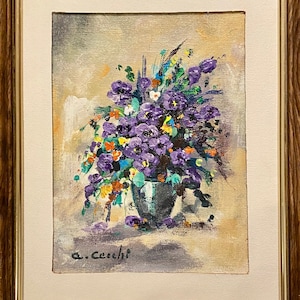 Beautiful Small Signed Still Life Original Oil of Vibrant Purple Floral Bouquet