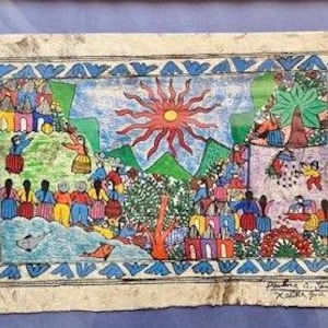 Mexican Folk Art, Framed, Hand Painted and Signed on Bark Paper