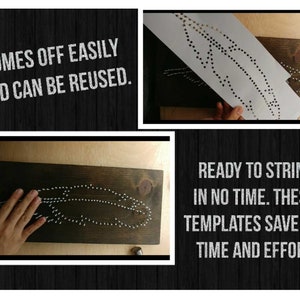 May include: A close-up of a wooden board with a feather design created by hammering nails into the wood. A stencil is used to create the design. The text "COMES OFF EASILY AND CAN BE REUSED." is visible in the top left corner. The text "READY TO STRING IN NO TIME. THESE TEMPLATES SAVE YOU TIME AND EFFORT." is visible in the bottom right corner.