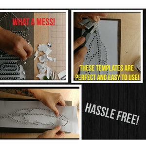 May include: A close-up of a white paper template with a feather design. The template is being used to create a string art project. The text "WHAT A MESS!" is visible in the top left corner of the image. The text "THESE TEMPLATES ARE PERFECT AND EASY TO USE!" is visible in the top right corner of the image. The text "HASSLE FREE!" is visible in the bottom right corner of the image.