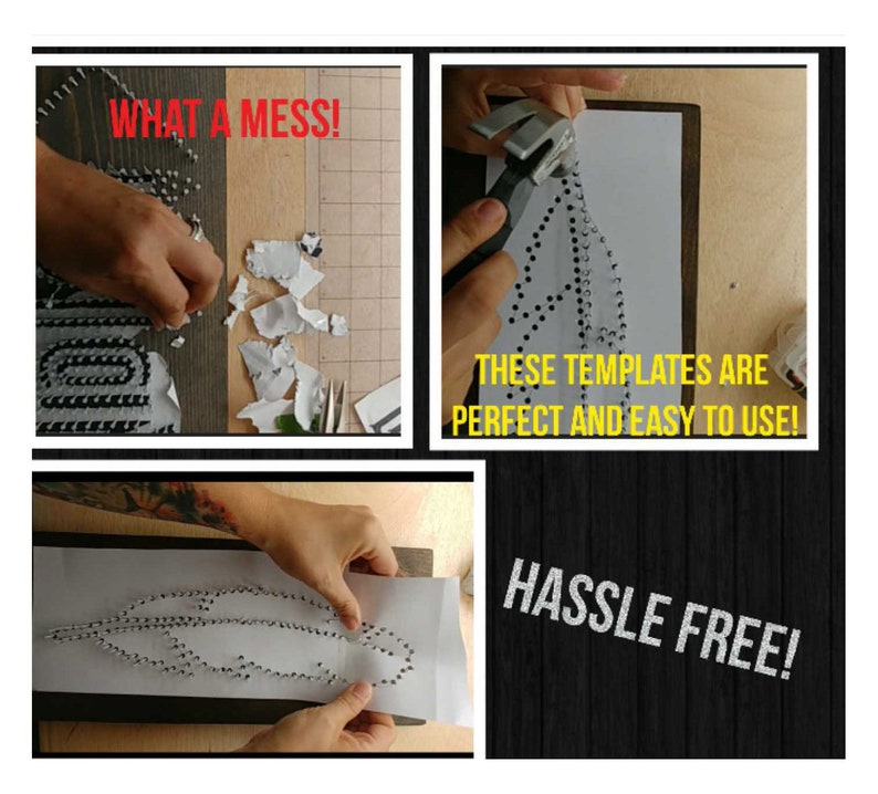 May include: A close-up of a white paper template with a feather design. The template is being used to create a string art project. The text "WHAT A MESS!" is visible in the top left corner of the image. The text "THESE TEMPLATES ARE PERFECT AND EASY TO USE!" is visible in the top right corner of the image. The text "HASSLE FREE!" is visible in the bottom right corner of the image.