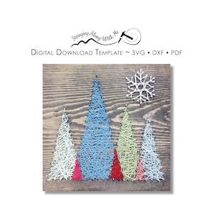 May include: A digital download template for string art featuring five Christmas trees and a snowflake. The trees are in shades of blue, green, and white, with red accents. The snowflake is white.