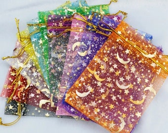Celestial Themed Organza Bags/Party Favors/Candy Bags/Jewelry Gift Bags/Wedding Favors/Bridal Shower/Baby Shower/Gold Foil Moon and Stars