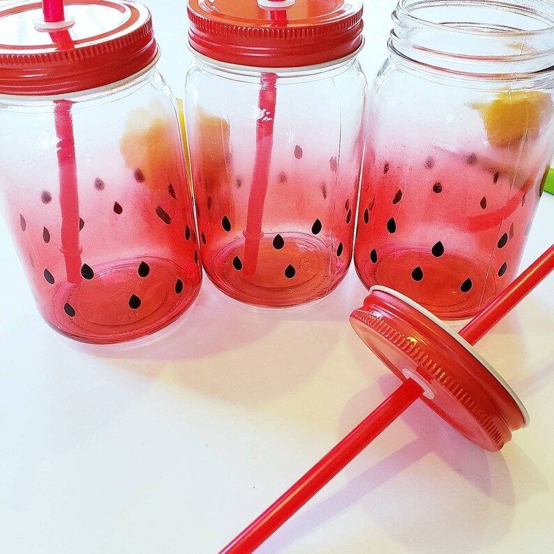 Watermelon Glass Mason Jar With Lid Watermelon Tumbler Mason Etsy