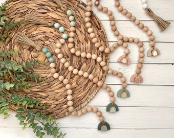 Mini Rainbow Wood Bead Garland - mini tassel garland - farmhouse beads - tiered tray decor - Spring