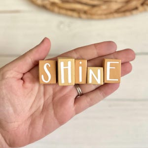 May include: Five small, light brown wooden blocks arranged in a row, each featuring a single white hand-painted letter. Together, the blocks spell out the word SHINE in a simple, clean font. The blocks have a smooth, matte finish and square edges.