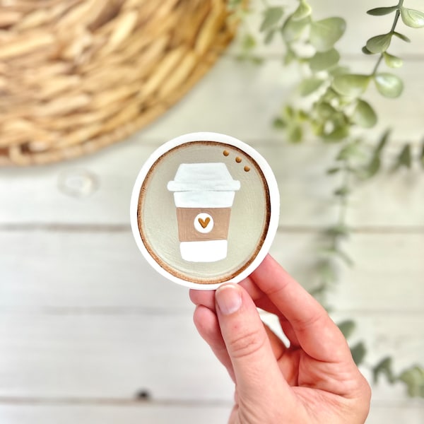 Travel Coffee Cup - vinyl sticker - coffee lover - wood slice art sticker