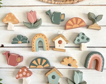 Sunshine and Soil Spring Bitties - wooden garden decor - tulip flower sunshine watering can rainbow birdhouse mushroom- tiered tray