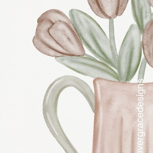May include: A watercolor illustration of a bouquet of light brown tulips in a light brown ceramic vase with a green handle. The vase has a textured surface. The illustration is signed "@evergracedesigns" in the bottom right corner.
