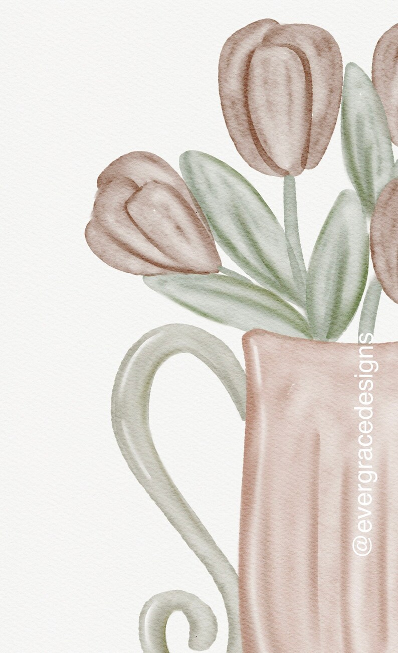 May include: A watercolor illustration of a bouquet of light brown tulips in a light brown ceramic vase with a green handle. The vase has a textured surface. The illustration is signed "@evergracedesigns" in the bottom right corner.