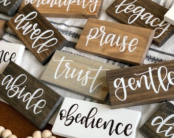 One Little Word - custom hand-lettered wood sign - shelf sitter - word for the year - shelf sign - small word sign - tiered tray decor