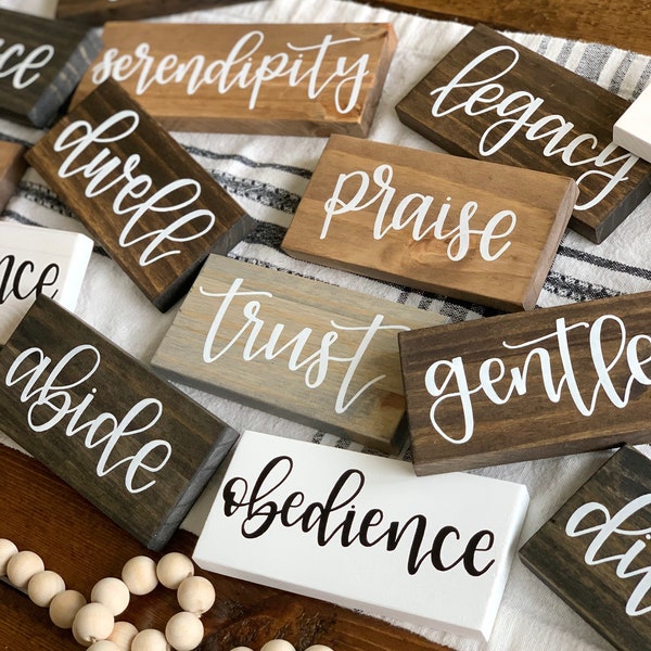 One Little Word - custom hand-lettered wood sign - shelf sitter - word for the year - shelf sign - small word sign - tiered tray decor