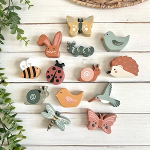 Creatures and Critters Spring Bitties - wooden animal decor - butterfly caterpillar hedgehog bunny dragonfly hummingbird snail- tiered tray