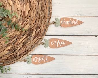 Personalized Wood Carrot Easter Tag - spring colors - custom name tag - gift tag - hand lettered - rustic wood tag - painted