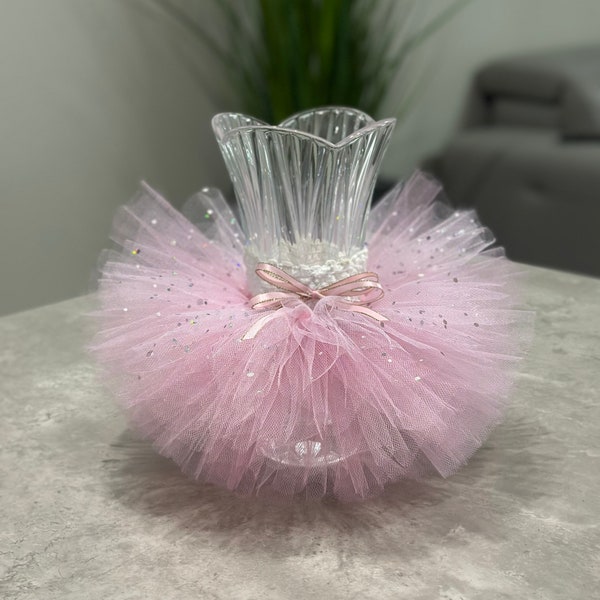 Pink vase tutu skirt with sparkly silver dots. Baby shower decoration.  Wedding decoration. Party decorations. Center piece for baby shower.