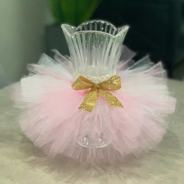 Pink vase tutu skirt with gold ribbon . Baby shower decoration.  Wedding decoration. Party decorations.