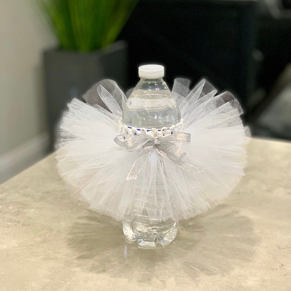 White Water Bottle Tutu with silver ribbon. Baby  shower decoration. Ballerina decoration. Wedding decoration.