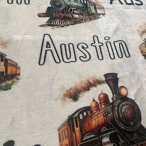 personalized baby blanket, name, plush, trains, steam train, for boy, baby shower gift