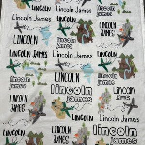 personalized baby blanket, custom, plush, baby shower gift, airplane, maps, adventure