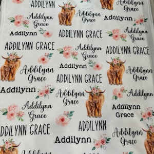 personalized baby blanket, custom, plush, cow, highland, blush floral, baby shower gift, girl gift idea, baby girl