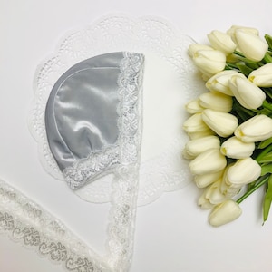 Gray velvet with lace baby bonnet.Bonnet for girl.