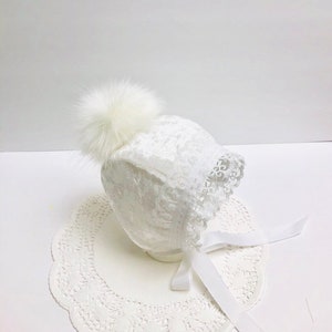 Handmade white velvet bonnet with lace trim, baby bonnet ,bonnet for girl.