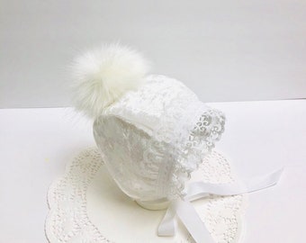 Handmade white velvet bonnet with lace trim, baby bonnet ,bonnet for girl.