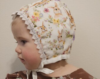 Easter Bonnet, Floral Bunny Cotton Bonnet with Lace, Baby Girl Sun Hat.