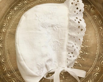Linen Embroidered Baby Bonnet, Handmade Cotton Lace Trim