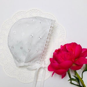 Light White Summer. Baby girl bonnet. Baby cotton bonnet. Christening Bonnet, Baby Baptism Bonnet.