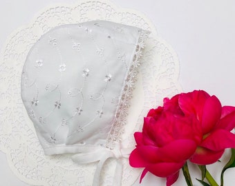 Light White Summer. Baby girl bonnet. Baby cotton bonnet. Christening Bonnet, Baby Baptism Bonnet.