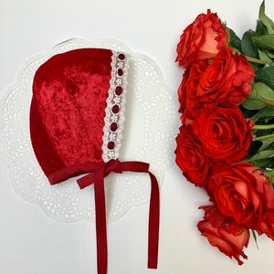 Newborn baby bonnet. Red velvet bonnet with lace trim. bonnet for girl.