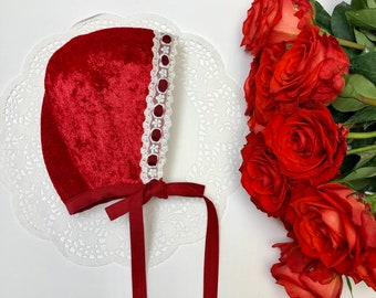 Newborn baby bonnet. Red velvet bonnet with lace trim. bonnet for girl.