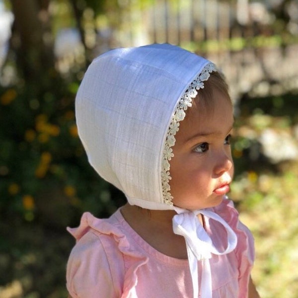Christening Bonnet, Baby Baptism Bonnet, Boy- girl bonnet. Baby bonnet, baby summer cotton bonnet, natural muslin cotton baby bonnet .