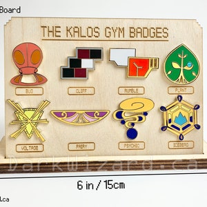 Kalos Gym Badges With Display Board, Metal Pin, for Collection and Cosplay, Anime