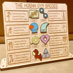 Insignias del gimnasio Hoenn con tablero de exhibición, pin de metal, para colección y cosplay, regalo de anime