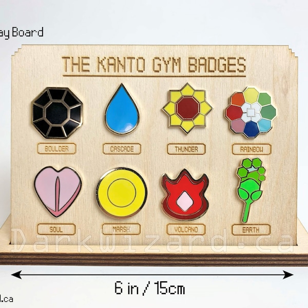 Kanto Gym Badges, Metal Pins with Display Board, Anime Cosplay